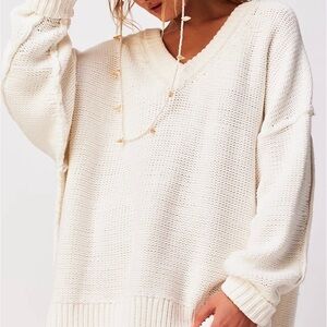 NWOT FREE PEOPLE ALI V-NECK SWEATER Boho Knit Cozy Minimalist oversized L